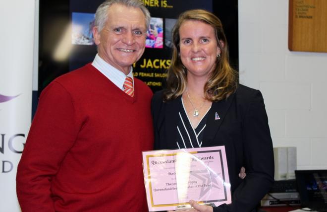 Queensland Yachting Awards 2015 winners. YQ Board member Greg Peake with Female Sailor of the Year winner Stacey Jackson. © Tracey Johnstone